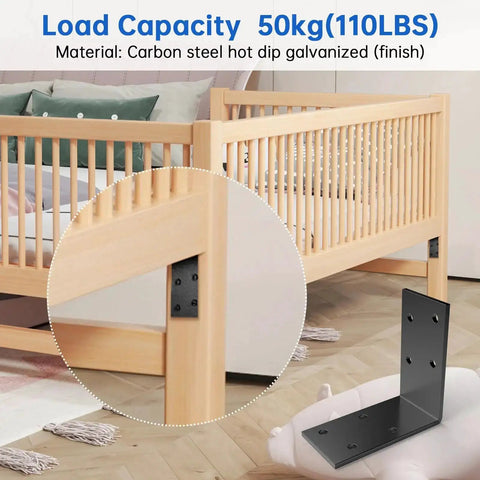 Beefy Galvanized L Brackets 1.5 By 3 By 3 Inch Eight Pack installed on crib, showcasing 90 degree support and rust resistance.