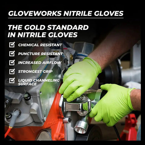 Hands wearing Green Nitrile Mechanic Gloves 8 Mil Heavy Duty Raised Diamond Grip Latex Free working on engine