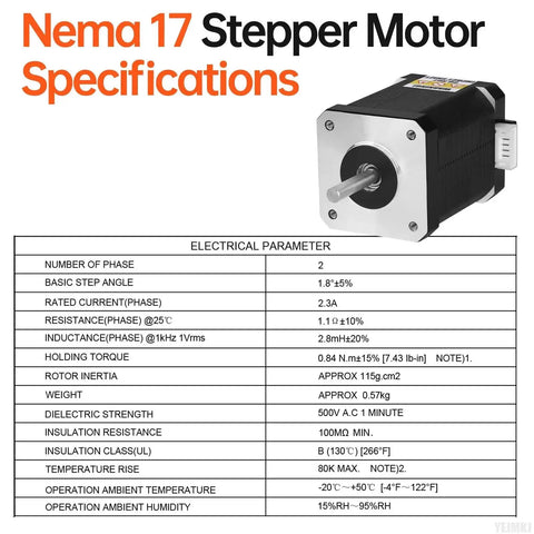 Specifications of Three Pack Nema 17 Stepper Motors 1.8 Degree Two Phase High Torque 0.84 Nm Bipolar 42x60mm for 3D printers