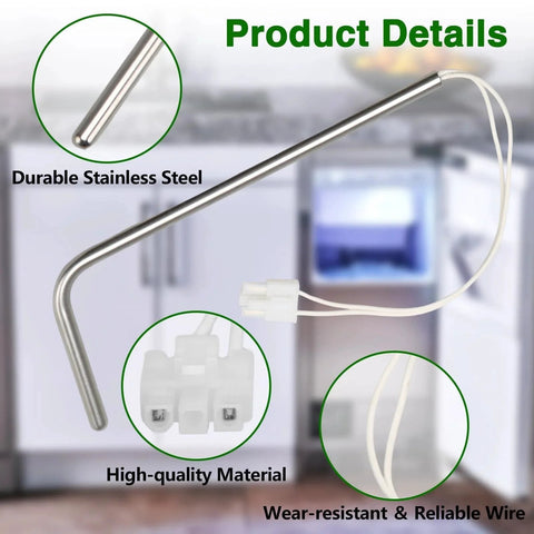 Ice Maker Bin Temperature Sensor Thermistor For Whirlpool Kenmore KitchenAid Jenn Air Ice Makers And Refrigerators RUHUALIFE Compatible Replacement Part 3021097 AP6022509 PS11755842 W10511923 made of durable stainless steel with wire and connector visible.