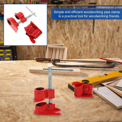 Lightweight 1/2 Inch Quick Release Pipe Clamp for Woodworking and Wood Gluing, red heavy duty tool on workbench