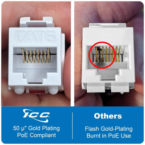 Comparison of Slim CAT6 Keystone Jack With 180 Degree Punch Down For Wall Plate Or Patch Panel RJ45 UL Listed PoE Plus Plus TAA Compliant White 25 Pack Works With JackEasy Termination Tool High Retention Gold Contacts For High Power Devices and a competitor's jack