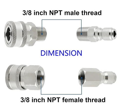 FKKWUOT 3/8 in NPT quick-connect fittings, stainless steel, 4-piece set with male and female adapters