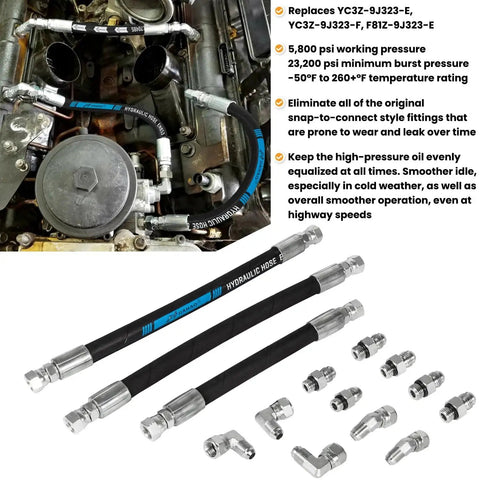 Beefed Up 38 Piece High Pressure Oil Pump HPOP Master Service Kit With Hoses And Lines Crossover Kit For Ford 7 3L Powerstroke Diesel Engines 1999 2000 2001 2002 2003 F Series E Series Excursion, showing components and hoses.
