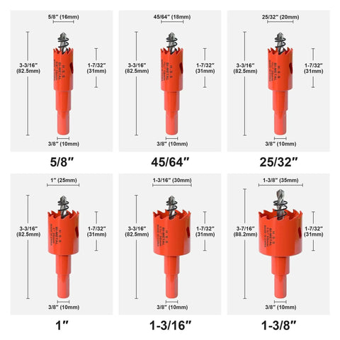 Image of Bi-Metal Hole Saw Kit 6-Piece Set For Wood Plastic Drywall And Soft Metal With Sizes 5/8 To 1-3/8 Inches, 3/8 Inch Shank