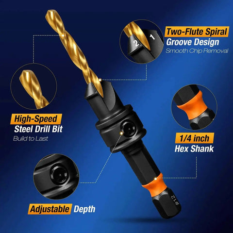 Woodworking Pro 11-Piece Titanium Coated Countersink Drill Bit Set With Quarter Inch Hex Shank featured with labels on blue background.