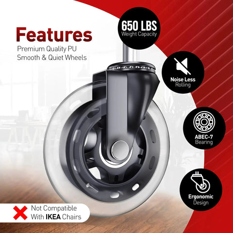 Heavy Duty Office Chair Caster Wheels Set Of 5 For Easy Installation 3 Inch Replacement Rubber Wheels With Ball Bearings