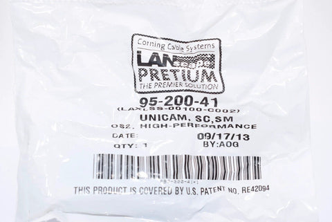 Corning Unicam SC OS2 singlemode 8.3 um Pretium fiber optic connector, part 95-200-41, LAN Premium bag packaging