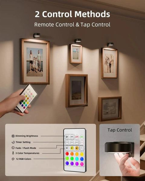 Remote-controlled rechargeable picture light with 3 color temperatures 12 RGB colors installed above framed wall art.