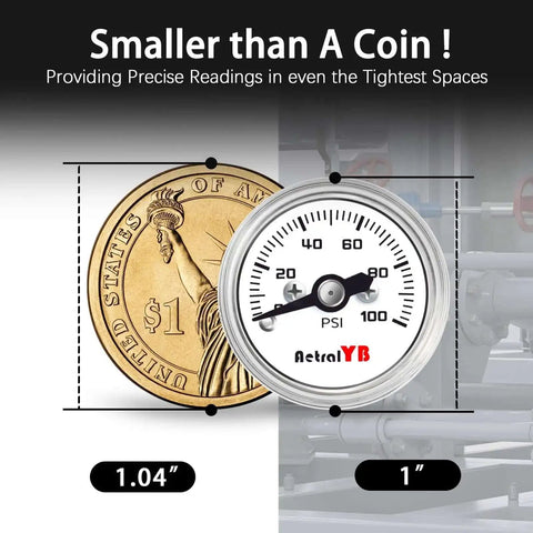 Compact One Inch Pressure Gauge Zero To One Hundred Psi For Coffee Machines Water Pumps And Air Compressors Stainless Steel Case One Eighth NPT Back Mount Handy Mini Gauge For Tight Spaces And Precise Readings next to coin for size comparison