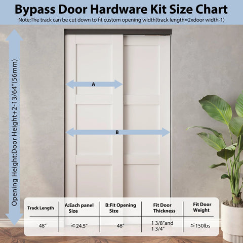 Heavy-Duty Bypass Door Track Hardware For Aluminum Sliding Doors, 48 Inch Four Foot Rail Set, black finish size chart