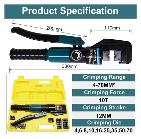 Product specifications showing Beefy 10 Ton Hydraulic Crimping Tool With Eight Dies For 4 mm 70 mm Stainless Steel Cable Lug Terminals.