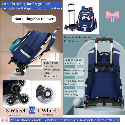 Girls Rolling Backpack Set Three Piece With Bowknot Design Wheels And Lunch Tote Handbag Trolley Bag For Elementary School Use Large Capacity 33.8 Liters Bookbag Carry On Luggage Ideal For School Commutes And Weekend Travel, showing features like wheels and retractable handle.