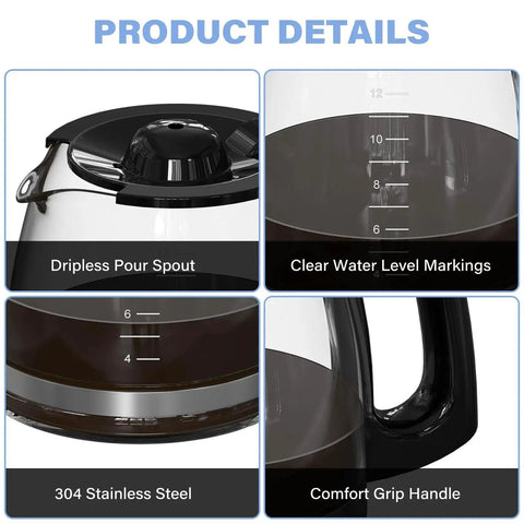 12-cup carafe for Flexbrew with dripless pour spout, level markings, stainless steel band, and comfort grip handle.