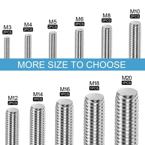 Assorted sizes of stainless steel fully threaded rods displayed, including 2 Pack M12 300mm Stainless Steel Cuttable Fully Threaded Rods 1.75mm Pitch.
