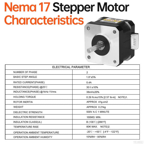 High Torque Nema 17 Stepper Motor for 3D Printers with specifications table.