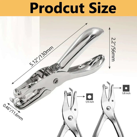 Two Piece Hole Puncher Set With One Eighth And One Quarter Inch Circle Punches for paper crafting and office use with size details