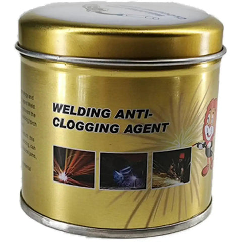 Gold tin of welding anti-clogging agent designed as Anti-Spatter Welding Gel for MIG Nozzles, with clean nozzle and spatter-free promise.