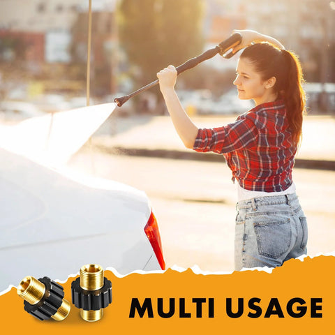 Twinkle Star pressure washer quick connector, brass M22 male fittings with black nut, foreground; woman washing a car.