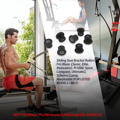 Replacement Sliding Seat Bracket Rollers For Home Gym Rolling Seats displayed with Bowflex equipment