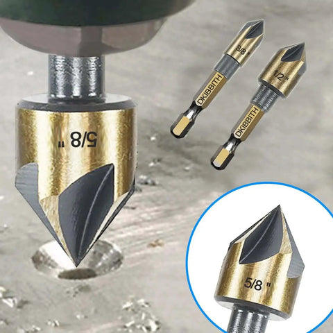 Close-up of Countersink Drill Bit Set Five Piece Pro Grade With Hex Shank 82 Degree for flush screws in wood, metal, plastic.