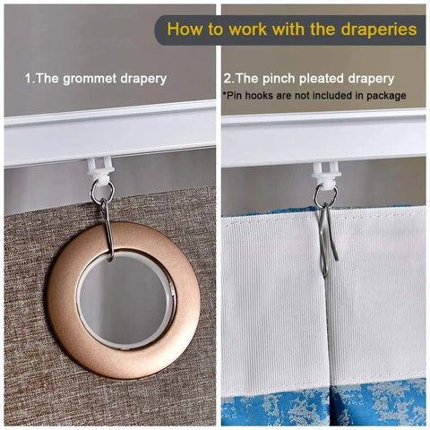 Heavy Duty Aluminum Ceiling Track System For Curtains With Hooks And Corner Connectors Set Of 2 9 To 12 Ft Track Set Top Brackets White Ideal For Room Dividers In Commercial Settings Such As Schools Clinics Hospitals Resorts With Smooth Quiet Operation shown with grommet and pinch pleated drapery.