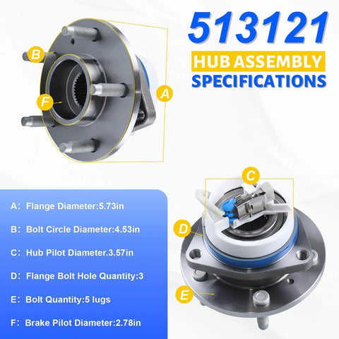 Diagram of 2 Pack Front Wheel Hub Bearing Assembly 513121 5-Lug Compatible with Buick Allure, showing key specifications and dimensions