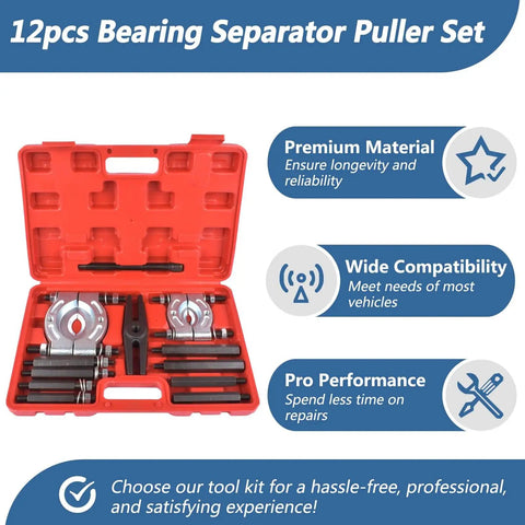 12-Piece Bearing Separator And Puller Set, 5-Ton Capacity, with case, tools displayed.