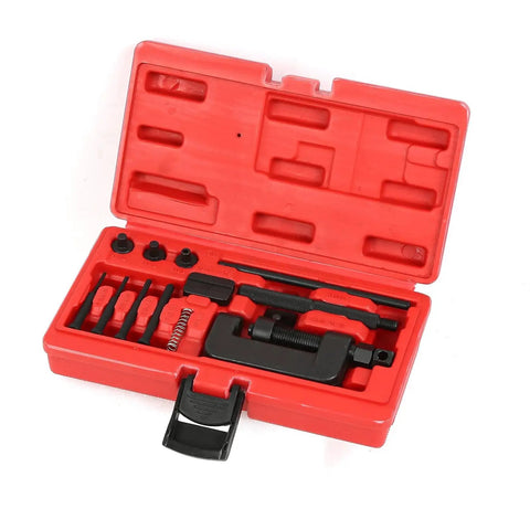 Pro Grade 13 Piece Chain Breaker Tool Kit For Motorcycles ATVs And Bikes Includes 2mm 3mm 4mm Break Tips 3 Pin Sizes Riveting Capabilities To Break And Rivet 420 To 630 Rear Drive Chains Workhorse Steel Construction in red case