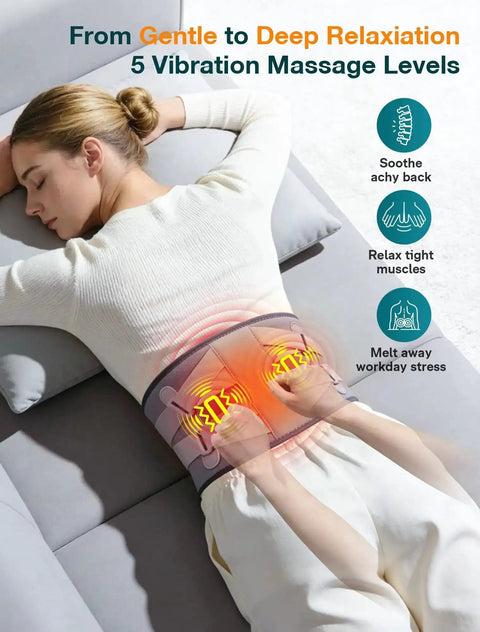 Woman using 67 Inch Cordless Heating Pad For Back Pain Relief With 3 Heat Levels And 5 Vibration Intensities, lying on couch