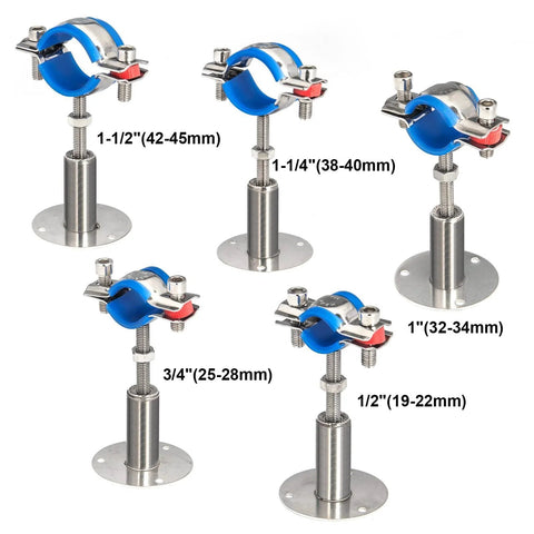 Four Pack 304 Stainless Steel Wall and Ceiling Pipe Mount Brackets With Adjustable Height From 50 To 100 Mm Fits Three Quarter Inch Outer Diameter Pipes 25 To 28 Mm Includes Adjustable Pipe Strap Clamps With Screws And Silica Gel Pad By Kodilin