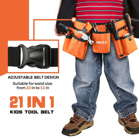18 Piece Kid Friendly Tool Set With Reinforced Belt And Adjustable Waist 20 To 32 Inches Real Hand Tools Kit For Home DIY
