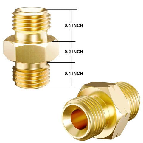 Welding Hose Coupler Adapter Set For Oxygen And Acetylene Twin Hoses, brass 9/16-18 UNF LH and RH fittings, close-up view