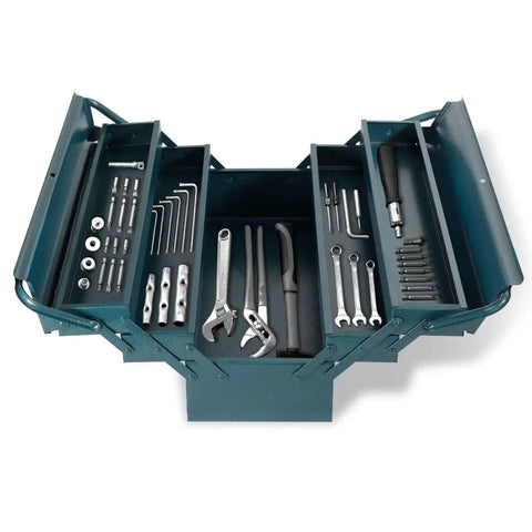 Open 17 Inch Cantilever Tool Box with 5 trays, showing organized tools, heavy duty steel construction, blue finish.