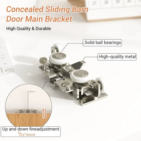 Concealed sliding barn door main bracket with solid ball bearings, 32 Inch Concealed Sliding Barn Door Hardware Kit With Two Soft Close Mechanisms Aluminum Hidden Barn Door System For Wall Mount No Floor Track Fits Opening Width 25 Inch Door Not Included Durable Lightweight Aluminum Rails For Quiet Smooth Operation