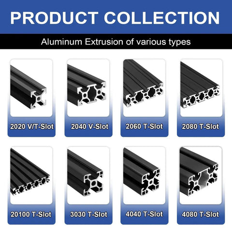 Various types of black aluminum extrusion profiles including 2020 T-Slot, showcasing options for 3D printer and CNC builds.