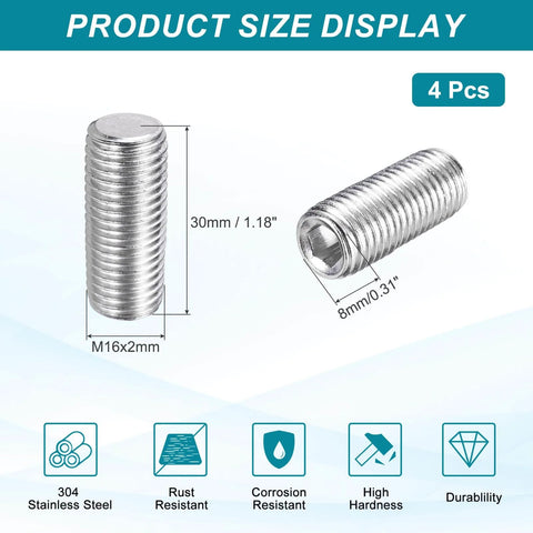 Product size display of 304 Stainless Steel Grub Screws Set, Cup Point Allen Head Internal Hex Socket Drive, M16 Two By Twenty Five Millimeter, 4 Pcs