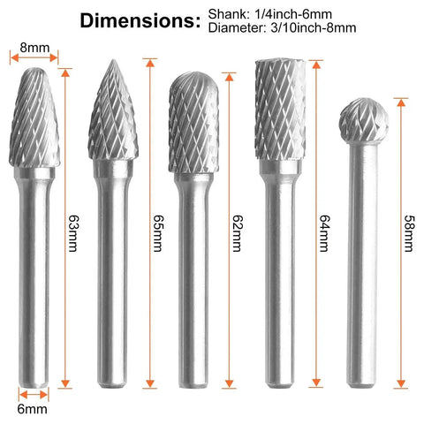 Five Piece Premium Pro Grade Tungsten Carbide Rotary Burr Set With Quarter Inch Shank Double Cut 8mm Head Die Grinder Bits