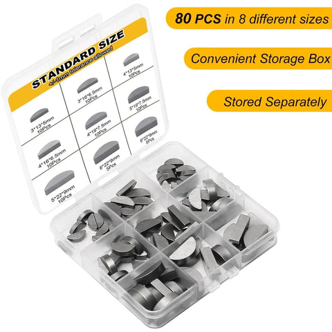 80 Pcs Woodruff Key Assortment Kit Metric Carbon Steel Black Half Moon Keys For Keyways Flywheels Pulleys Shafts And Fasteners In Automotive And Industrial Machinery Eight Sizes With Ten Pieces Each in transparent storage box