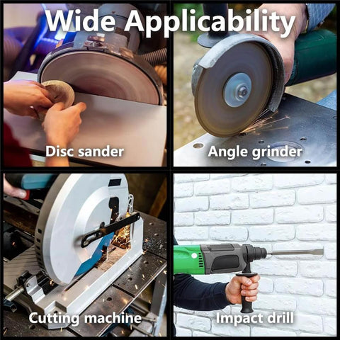 Wide applicability of tools including disc sander, angle grinder, cutting machine, and impact drill for various tasks.