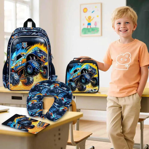 Five Piece Kids Suitcase Set For Boys 18 Inch Truck Themed Carry On Luggage With Wheels displayed with backpack and lunchbox