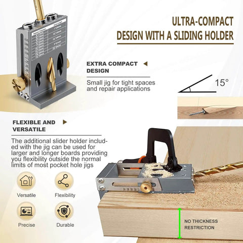 Pocket Hole Jig Kit For Precision Woodworking With Detachable Vacuum Adapter Pro Grade Metal Pocket Screw System Titanium Drill Bits