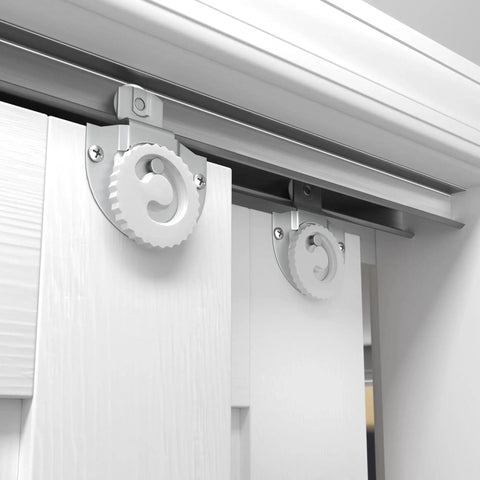 Richelieu Hardware 14660BC 60 Inch Bypass Door Hardware Kit with zinc and brass finish, installed on white closet doors.