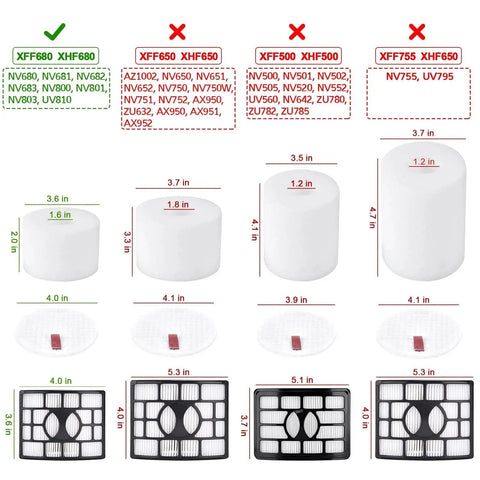 Leadaybetter 2+4 pack replacement filters for Shark Rotator DuoClean vacuum; front view diagram of foam and pleated filters with sizes.