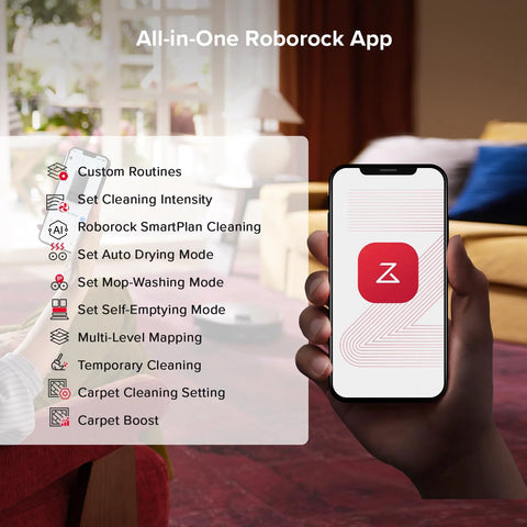 roborock Qrevo S5V app screen on a smartphone displaying All-in-One Roborock App and cleaning routines