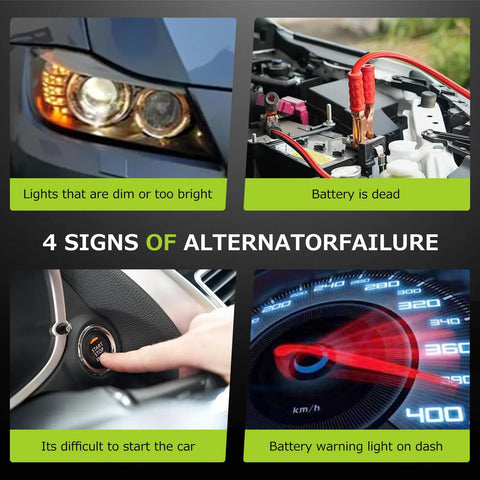 Four signs of alternator failure: dim headlights, dead battery, difficult starting, battery warning light.