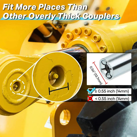 Heavy Duty Quick Release Grease Gun Coupler With Locking 6 Jaw System And Zerk Fittings Cleaner, 10000 PSI High Pressure Tip comparison to thick coupler, showing fitting size compatibility on machinery.