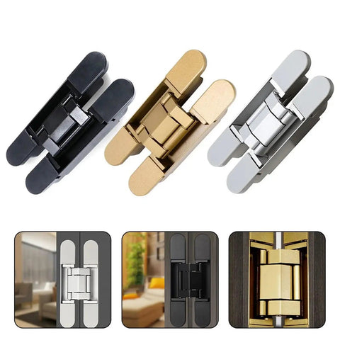 Gold Folding Cross Door Hinge Set Inconspicuous Stainless Steel Heavy Duty 180 Degree Concealed Three Dimensional Hinge For Hidden Doors And Panels For Builders, shown in gold, black, and silver variations.