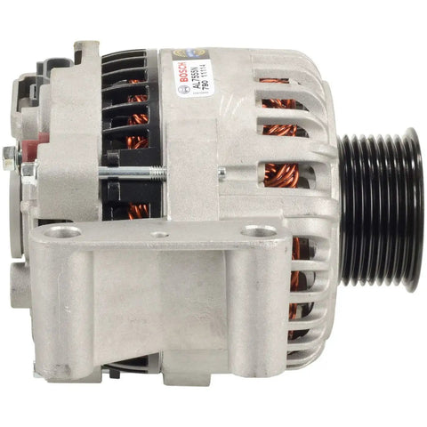 Side view of Beefed Up 110 Amp 100 Percent New Alternator Replacement for Ford Excursion and E Series F 250-550, silver finish.
