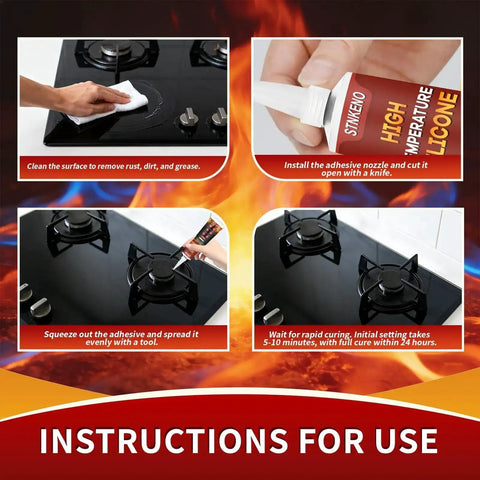 Instructions showing how to apply High Temperature Silicone Sealant For Ovens And Microwaves Black Heavy Duty Heat Resistant Adhesive